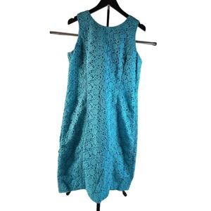 Talbots Turquoise Blue Floral Eyelet Lace Sleeveless Sheath Dress Womens Size 10